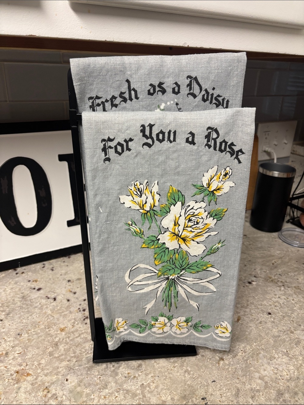 Vintage linen kitchen towels grey floral set